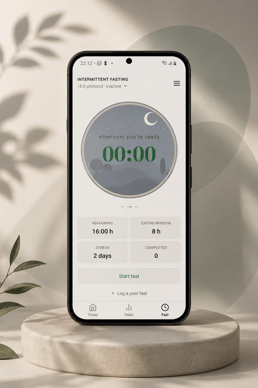 Kansaya intermittent fasting screen, with a timer, the remaining hours and the eating window.